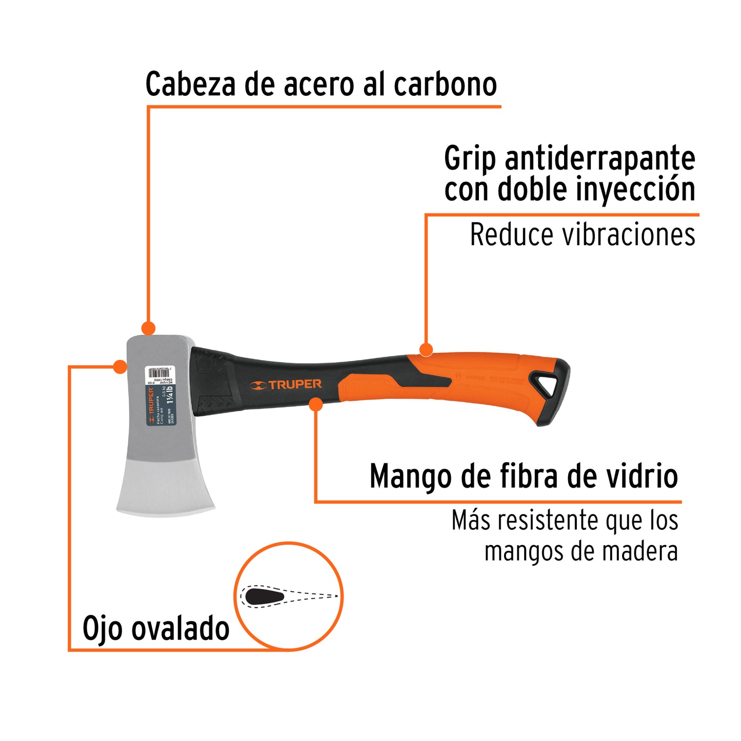 Hacha Cazadora Truper 1-1/4 lb Mango Fibra Vidrio 14" - Corte Preciso Madera Leña - Cabeza Forjada Acero Carbono HC-1-1/4F