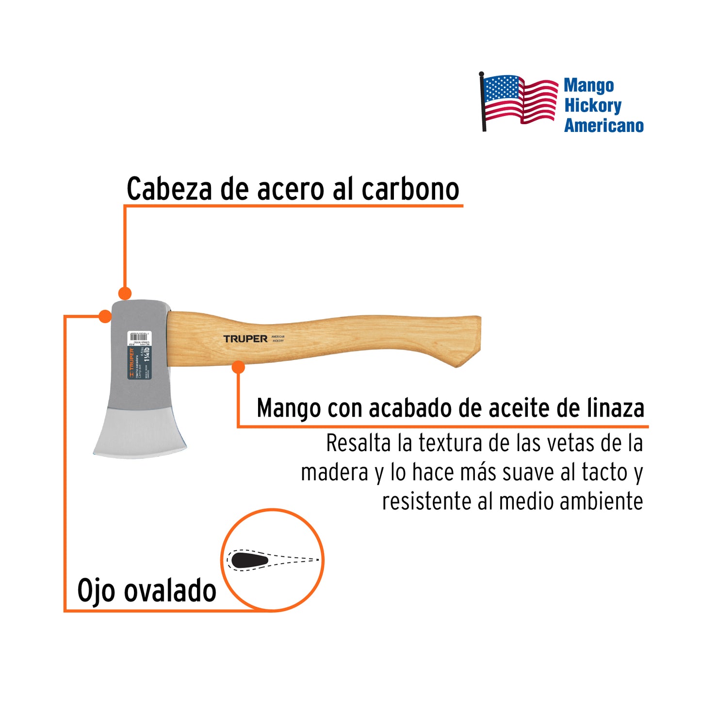 Hacha Cazadora TRUPER 1-1/4 lb Mango Hickory 14" - Herramienta Profesional para Corte de Madera y Trabajos Forestales - Acero al Carbono Tratamiento Térmico HC-1-1/4