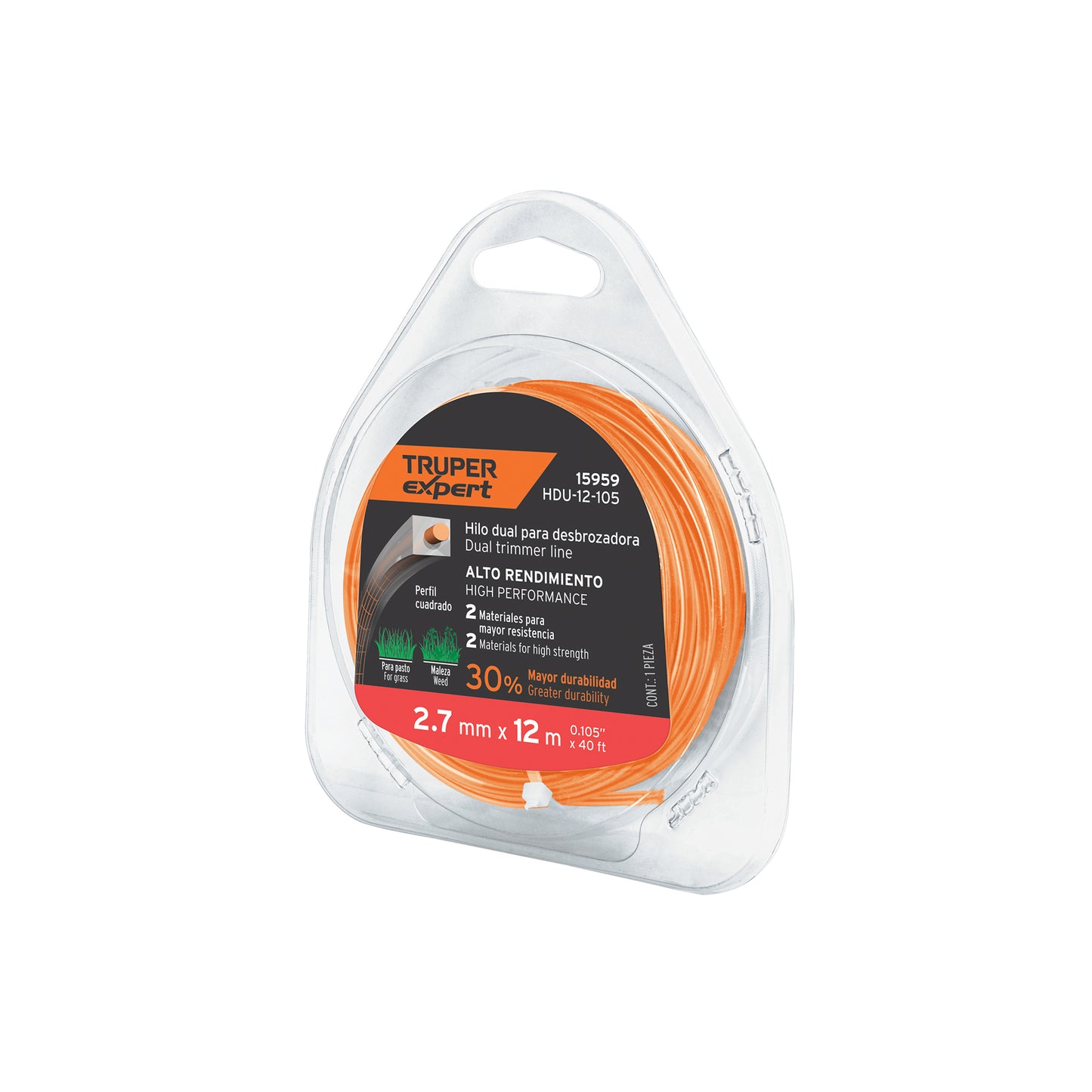 Hilo cuadrado dual p/desbrozadora, 2.7mm x12m,blíster EXPERT