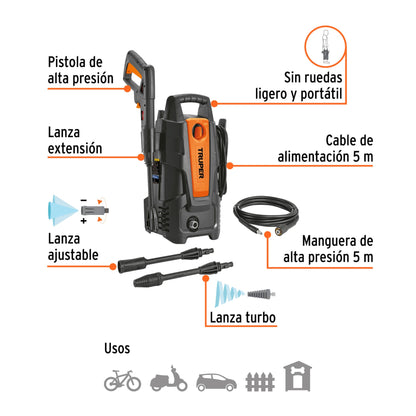 Partes de la hidrolavadora Truper HILA-1500: pistola, lanzas, cable de alimentación de 5 m y manguera de alta presión de 5 m