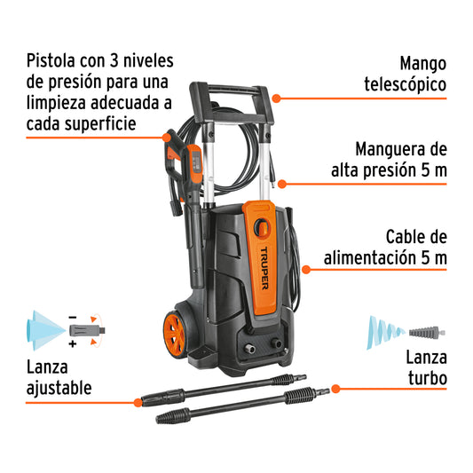 Hidrolavadora Eléctrica Truper 2000 PSI - Motor 2.6 HP con Cañón Espuma