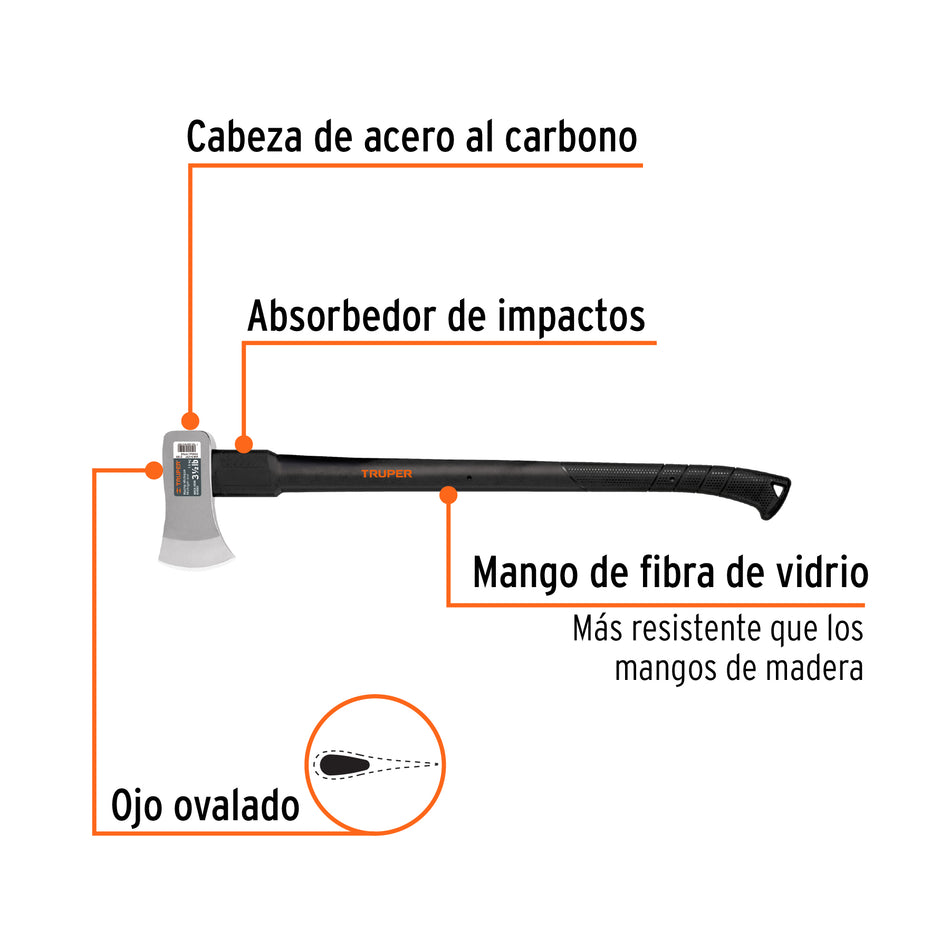 Hacha Michigan Truper 3.5 lb Fibra Vidrio 34" - Corta Madera Tala Árboles Profesional HM-3-1/2F