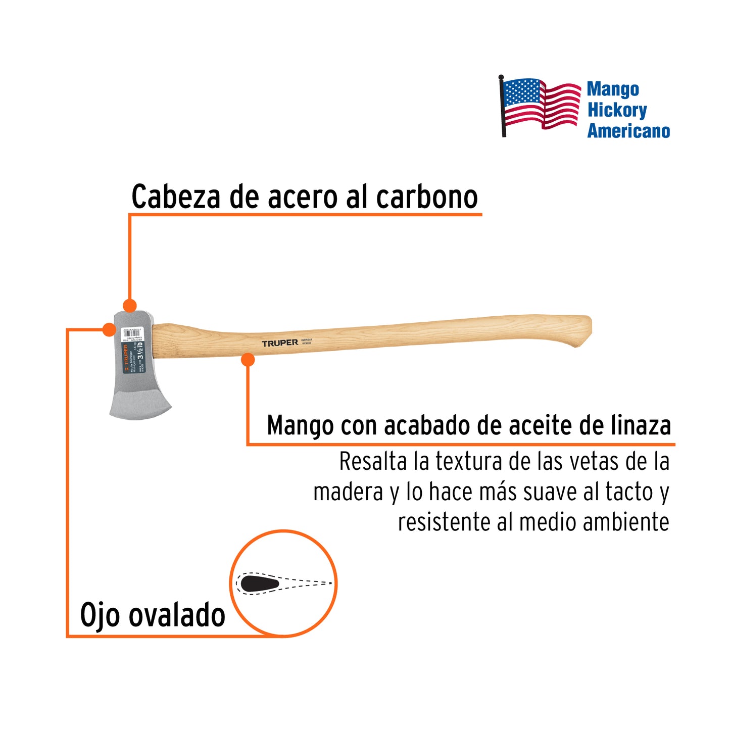 Hacha Michigan Truper 3.5 lb Mango Hickory 34" - Herramienta Profesional para Talar Árboles, Partir Leña y Cortar Ramas - Acero al Carbono Tratamiento Térmico HM-3-1/2M