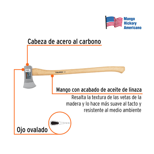 Hacha Michigan Truper 3.5 lb Mango Hickory 34" - Herramienta Profesional para Talar Árboles, Partir Leña y Cortar Ramas - Acero al Carbono Tratamiento Térmico HM-3-1/2M