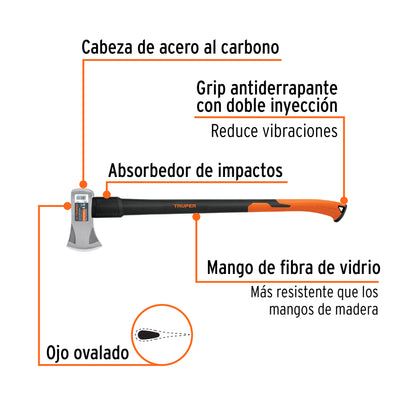 Hacha Michigan Truper 4 lb Fibra de Vidrio 34" - Herramienta Profesional para Talar Árboles y Partir Madera HM-4FX