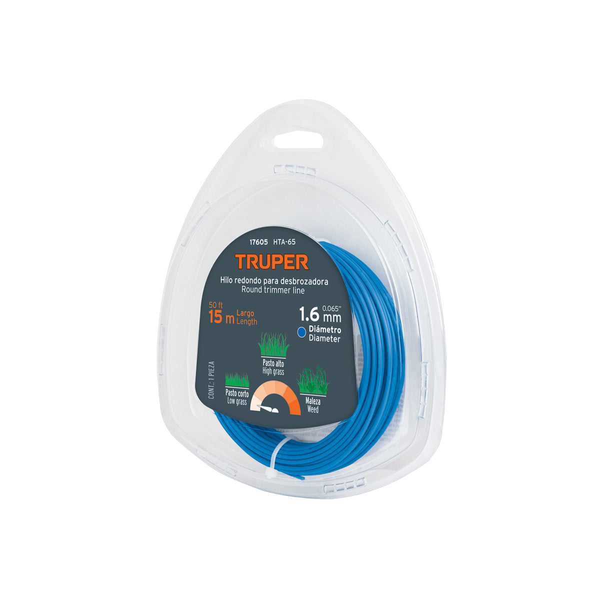 Hilo redondo, para desbrozadora, 1.6mm x 15m, blíster TRUPER