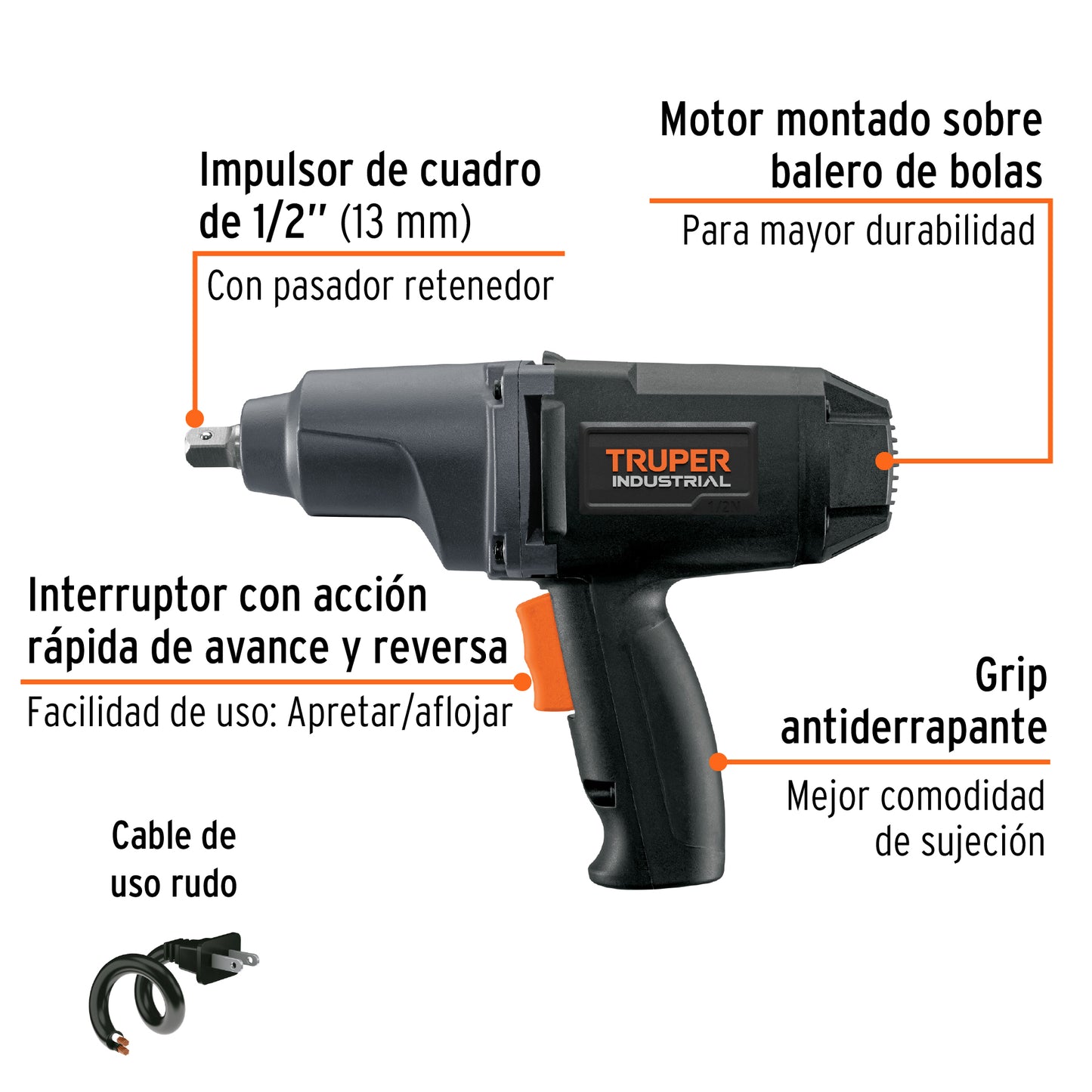 Llave de impacto 1/2", 900W, 162 lb/ft, TRUPER INDUSTRIAL