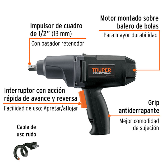Llave de impacto 1/2", 900W, 162 lb/ft, TRUPER INDUSTRIAL