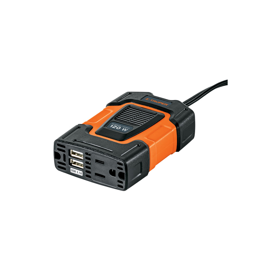 Inversor de Corriente 12V a 120V 120W Truper INCO-100 - Convierte Energía Auto para Laptop Tablet Celular con Puertos USB y Protección Sobrecarga