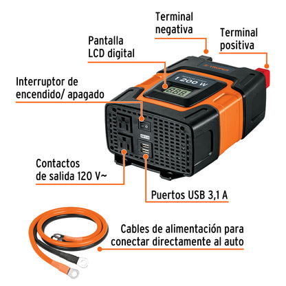 Inversor de Corriente 1200W Truper INCO-1000 - Convierte 12V a 120V con Puertos USB para Vehículos, Computadoras y Herramientas Portátiles