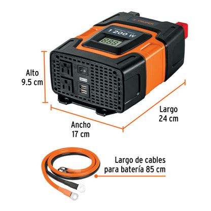 Inversor de Corriente 1200W Truper INCO-1000 - Convierte 12V a 120V con Puertos USB para Vehículos, Computadoras y Herramientas Portátiles