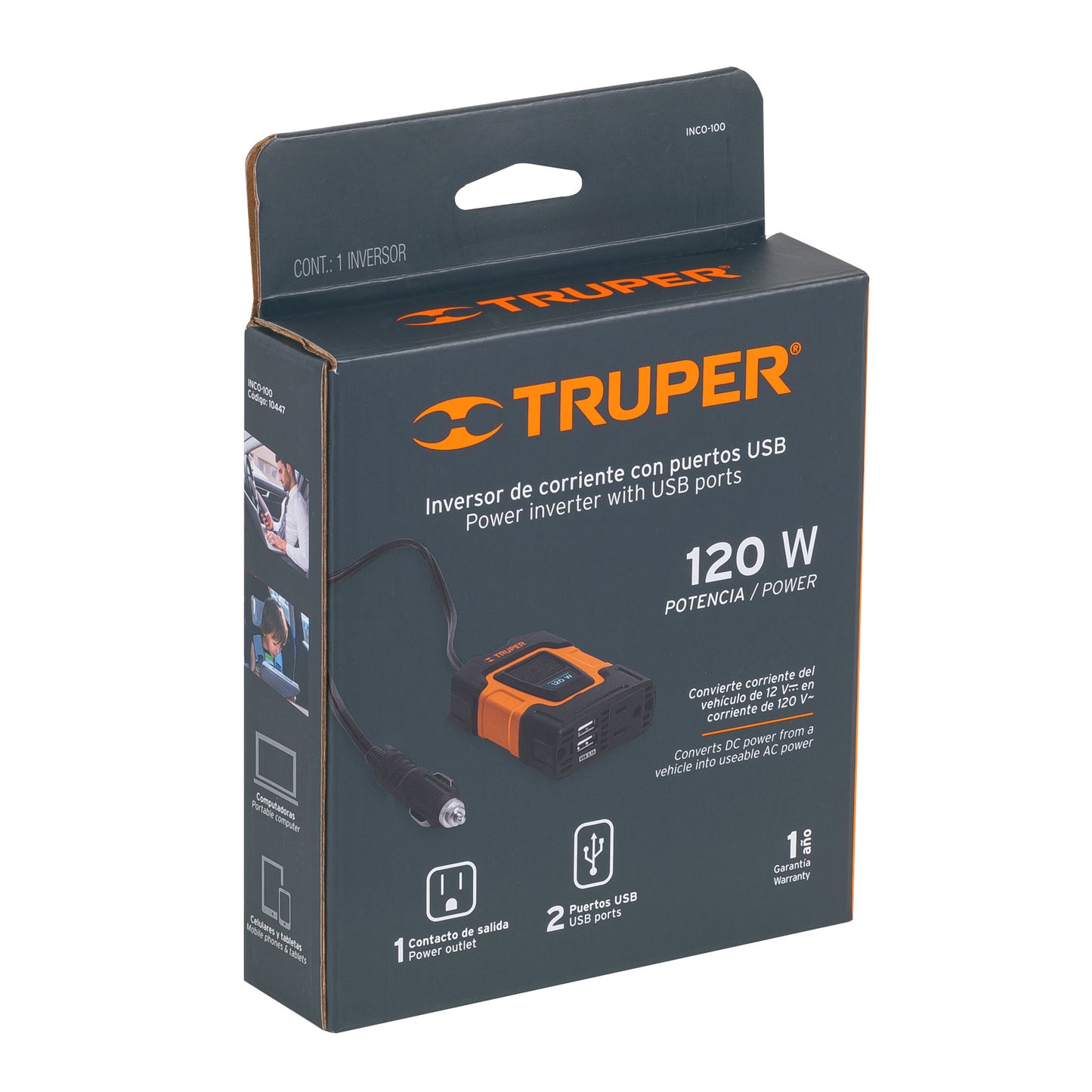 Inversor de Corriente 12V a 120V 120W Truper INCO-100 - Convierte Energía Auto para Laptop Tablet Celular con Puertos USB y Protección Sobrecarga
