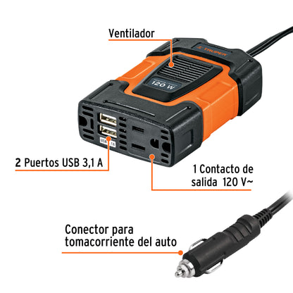 Inversor de Corriente 12V a 120V 120W Truper INCO-100 - Convierte Energía Auto para Laptop Tablet Celular con Puertos USB y Protección Sobrecarga