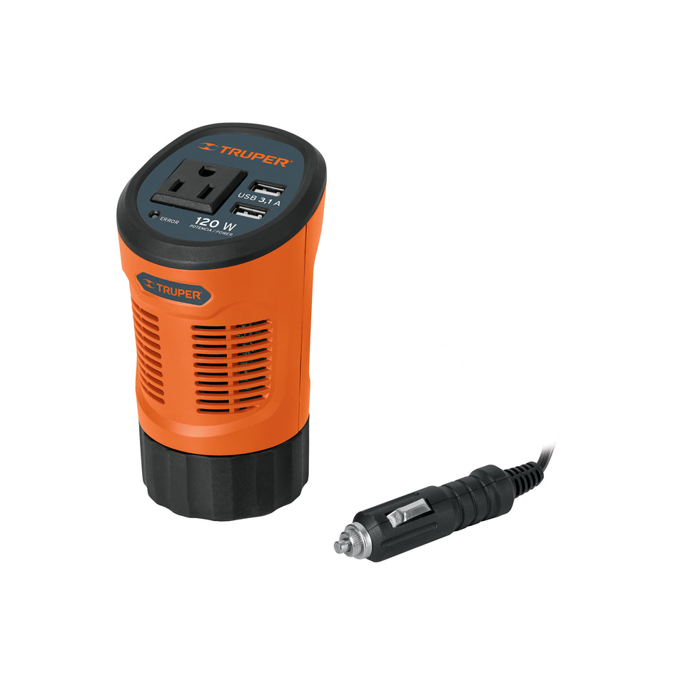 Inversor de Corriente 120W TRUPER INCO-120 - Convierte 12V a 120V para Auto con 2 Puertos USB - Solución Portátil para Cargar Laptop, Tablet y Celular en Viajes