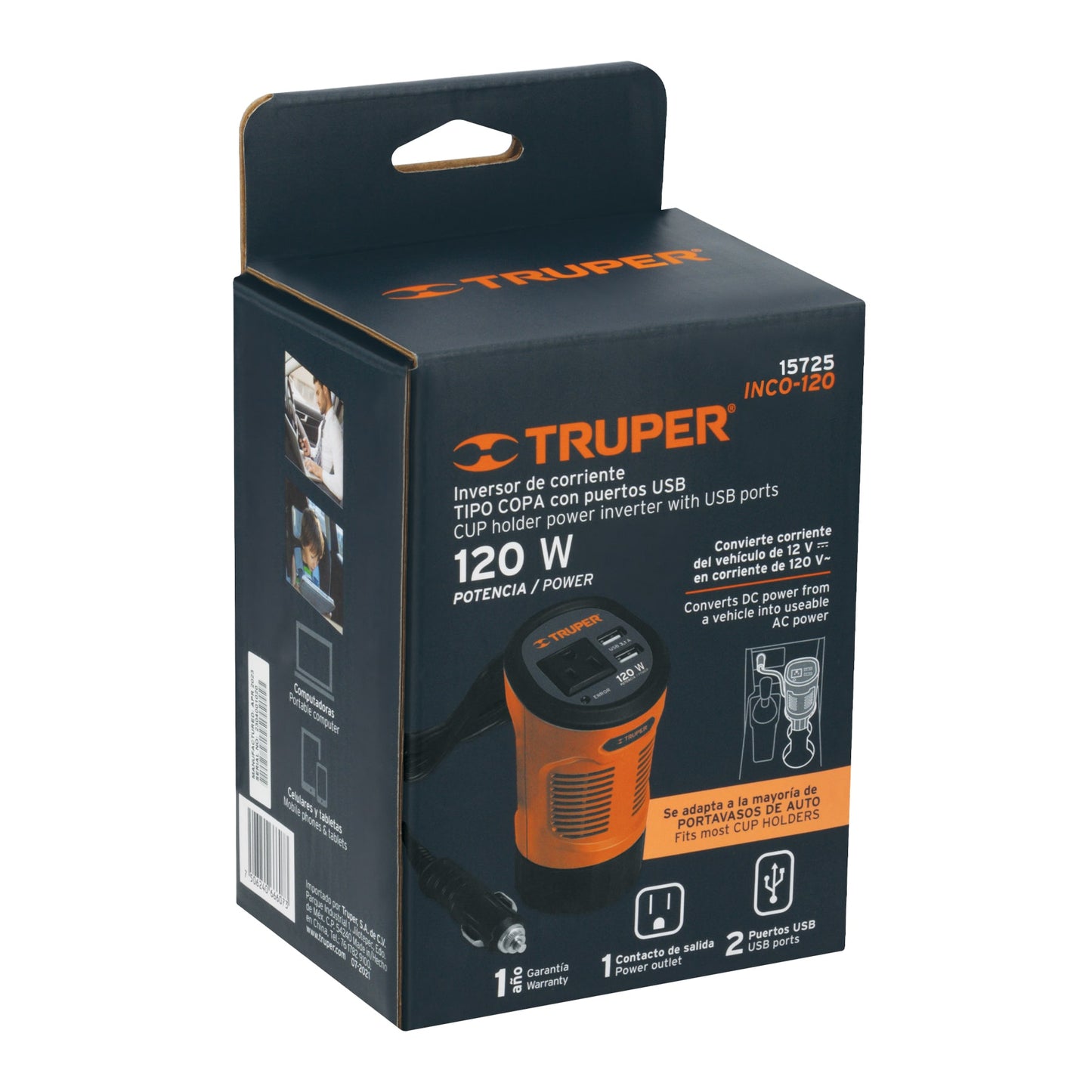 Inversor de Corriente 120W TRUPER INCO-120 - Convierte 12V a 120V para Auto con 2 Puertos USB - Solución Portátil para Cargar Laptop, Tablet y Celular en Viajes