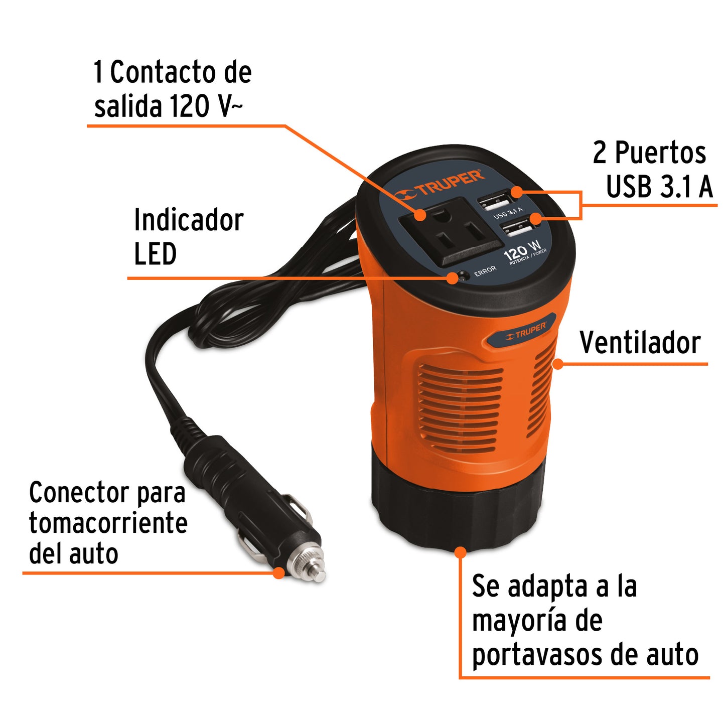 Inversor de Corriente 120W TRUPER INCO-120 - Convierte 12V a 120V para Auto con 2 Puertos USB - Solución Portátil para Cargar Laptop, Tablet y Celular en Viajes