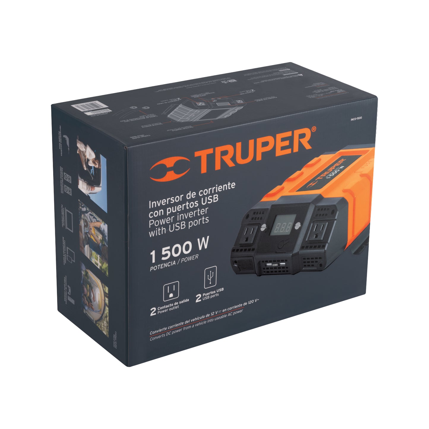 Inversor de Corriente 1500W Truper INCO-1500 - Convierte 12V a 120V con USB para Auto, Camión y Herramientas Portátiles