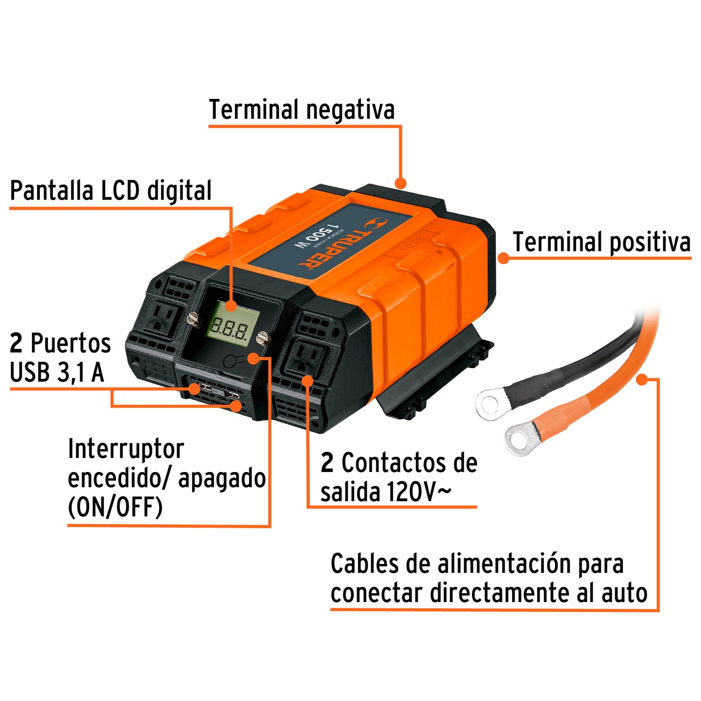 Inversor de Corriente 1500W Truper INCO-1500 - Convierte 12V a 120V con USB para Auto, Camión y Herramientas Portátiles