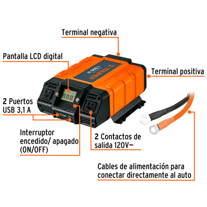 Inversor de Corriente 1500W Truper INCO-1500 - Convierte 12V a 120V con USB para Auto, Camión y Herramientas Portátiles