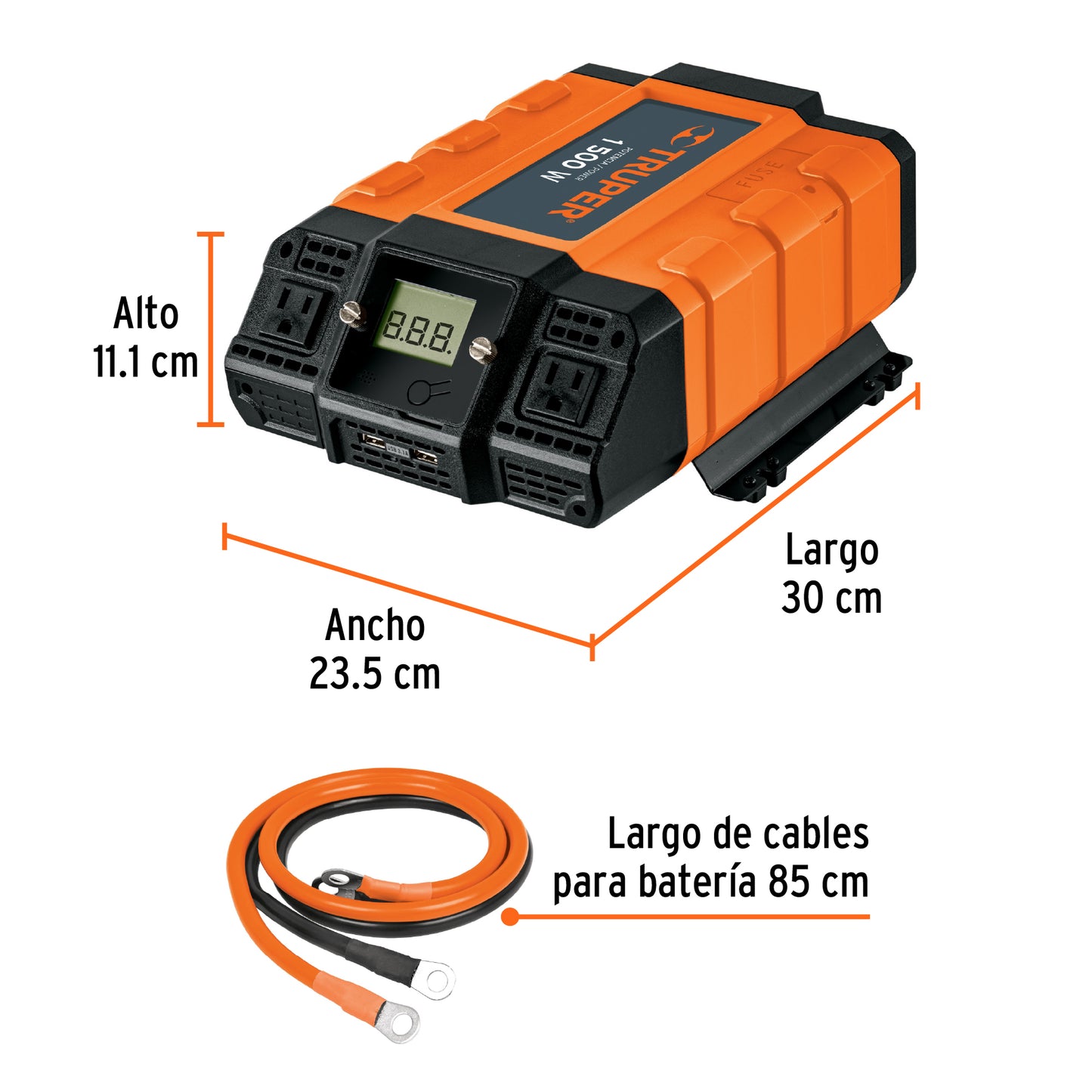 Inversor de Corriente 1500W Truper INCO-1500 - Convierte 12V a 120V con USB para Auto, Camión y Herramientas Portátiles