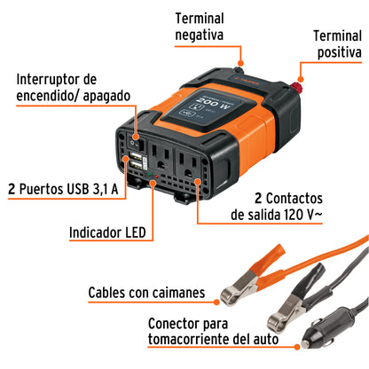 Inversor de Corriente 12V a 120V 200W Truper INCO-200 con USB - Solución Portátil para Alimentar Equipos Electrónicos en Vehículos