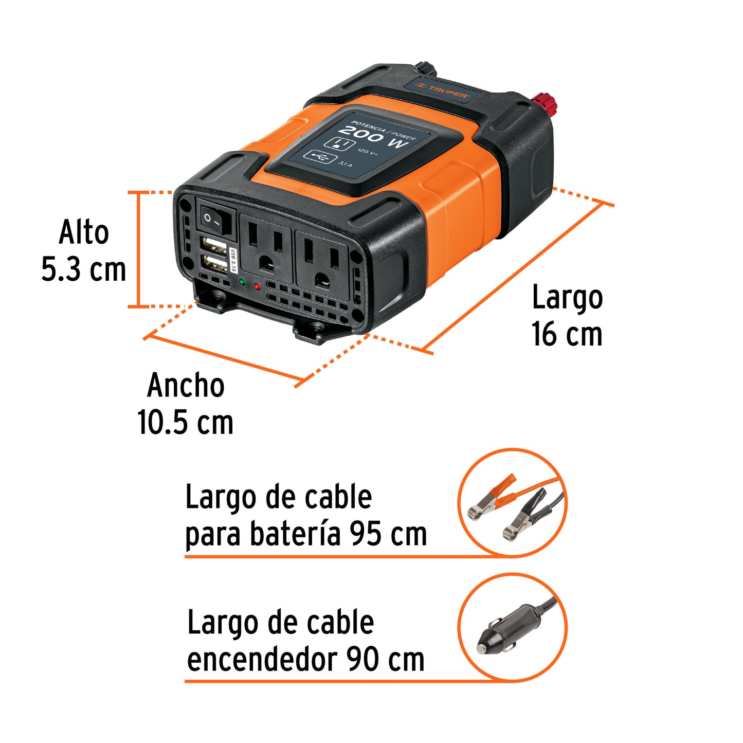 Inversor de Corriente 12V a 120V 200W Truper INCO-200 con USB - Solución Portátil para Alimentar Equipos Electrónicos en Vehículos