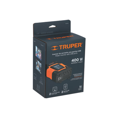 Inversor de Corriente 400W Truper INCO-400 - Convierte 12V a 120V con USB - Solución Portátil para Alimentar Equipos Electrónicos en Vehículos