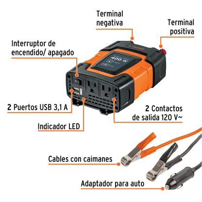 Inversor de Corriente 400W Truper INCO-400 - Convierte 12V a 120V con USB - Solución Portátil para Alimentar Equipos Electrónicos en Vehículos