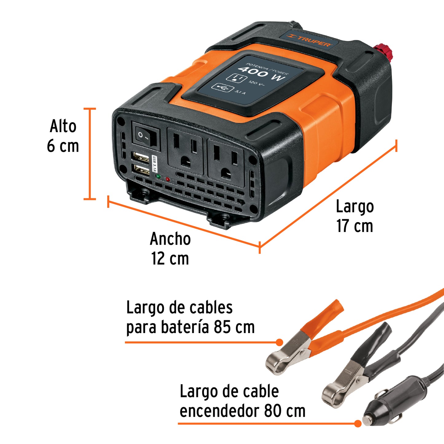 Inversor de Corriente 400W Truper INCO-400 - Convierte 12V a 120V con USB - Solución Portátil para Alimentar Equipos Electrónicos en Vehículos