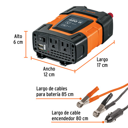 Inversor de Corriente 400W Truper INCO-400 - Convierte 12V a 120V con USB - Solución Portátil para Alimentar Equipos Electrónicos en Vehículos