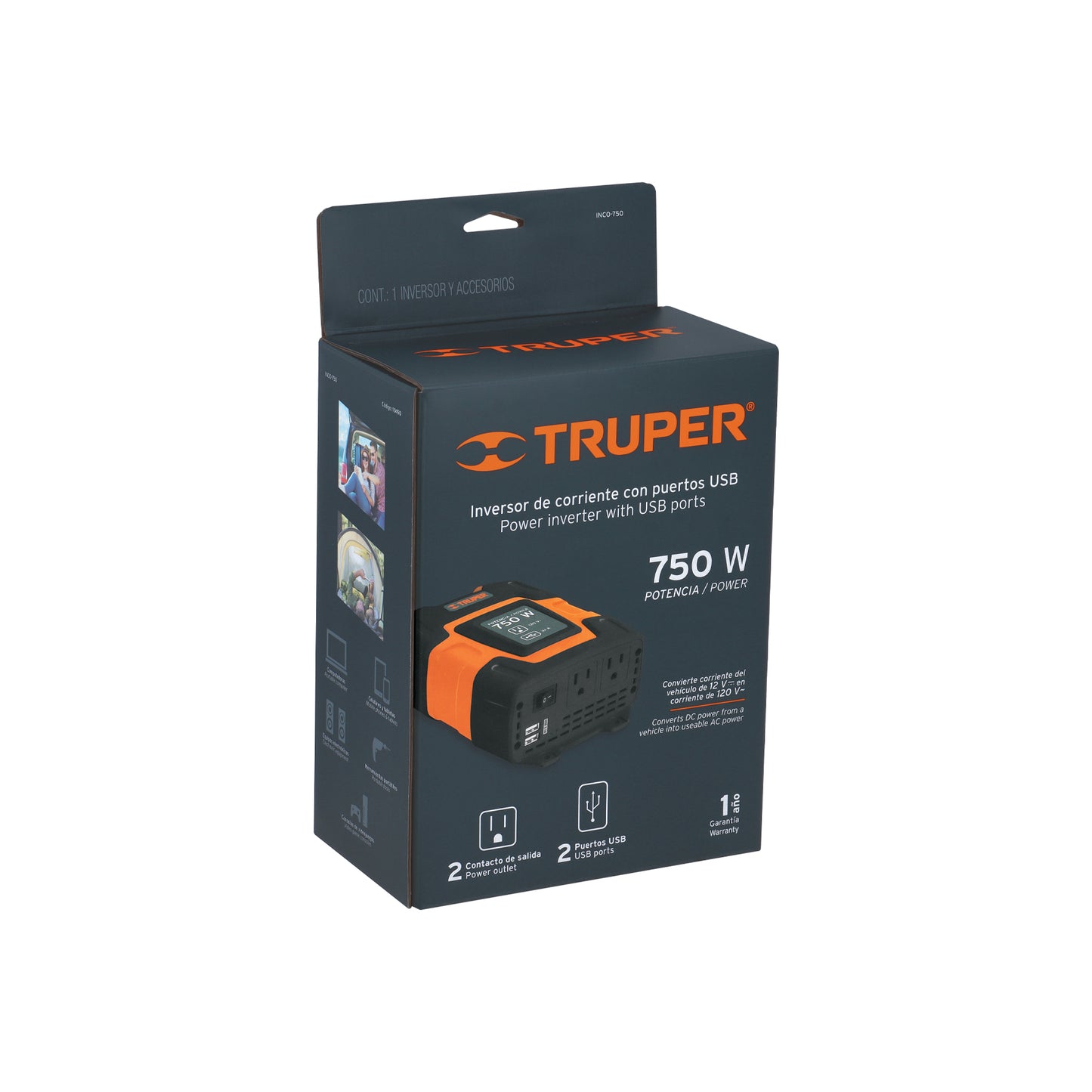 Inversor de Corriente 750W Truper INCO-750 - Convierte 12V DC a 120V AC con Puertos USB para Alimentar Equipos Electrónicos en Vehículos