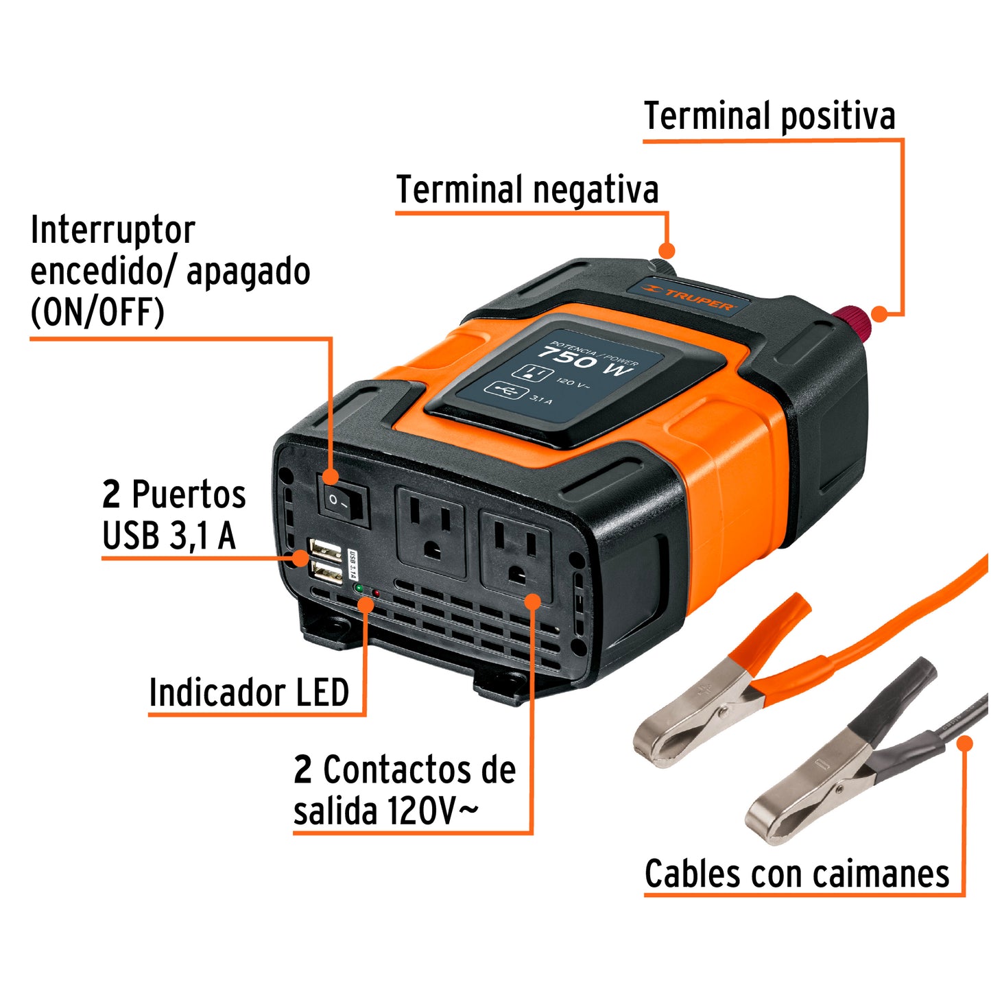 Inversor de Corriente 750W Truper INCO-750 - Convierte 12V DC a 120V AC con Puertos USB para Alimentar Equipos Electrónicos en Vehículos