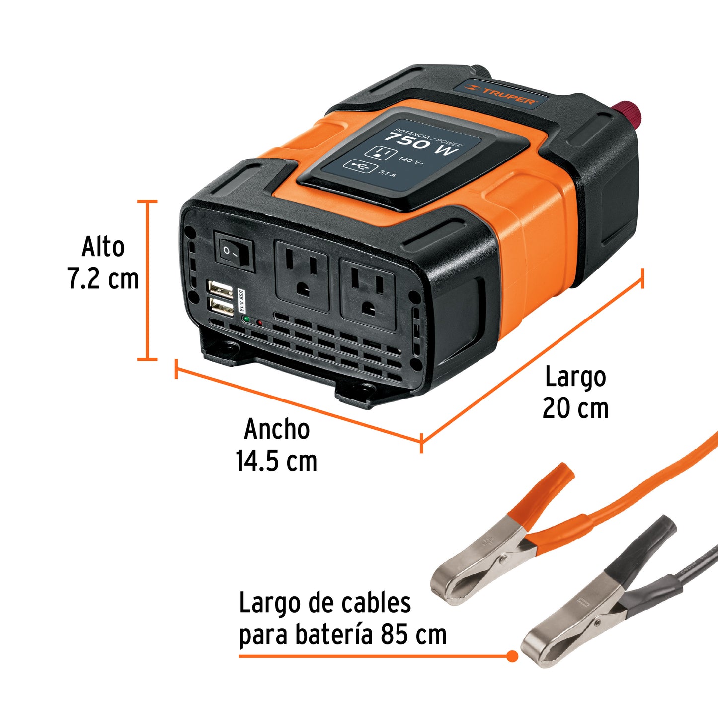 Inversor de Corriente 750W Truper INCO-750 - Convierte 12V DC a 120V AC con Puertos USB para Alimentar Equipos Electrónicos en Vehículos