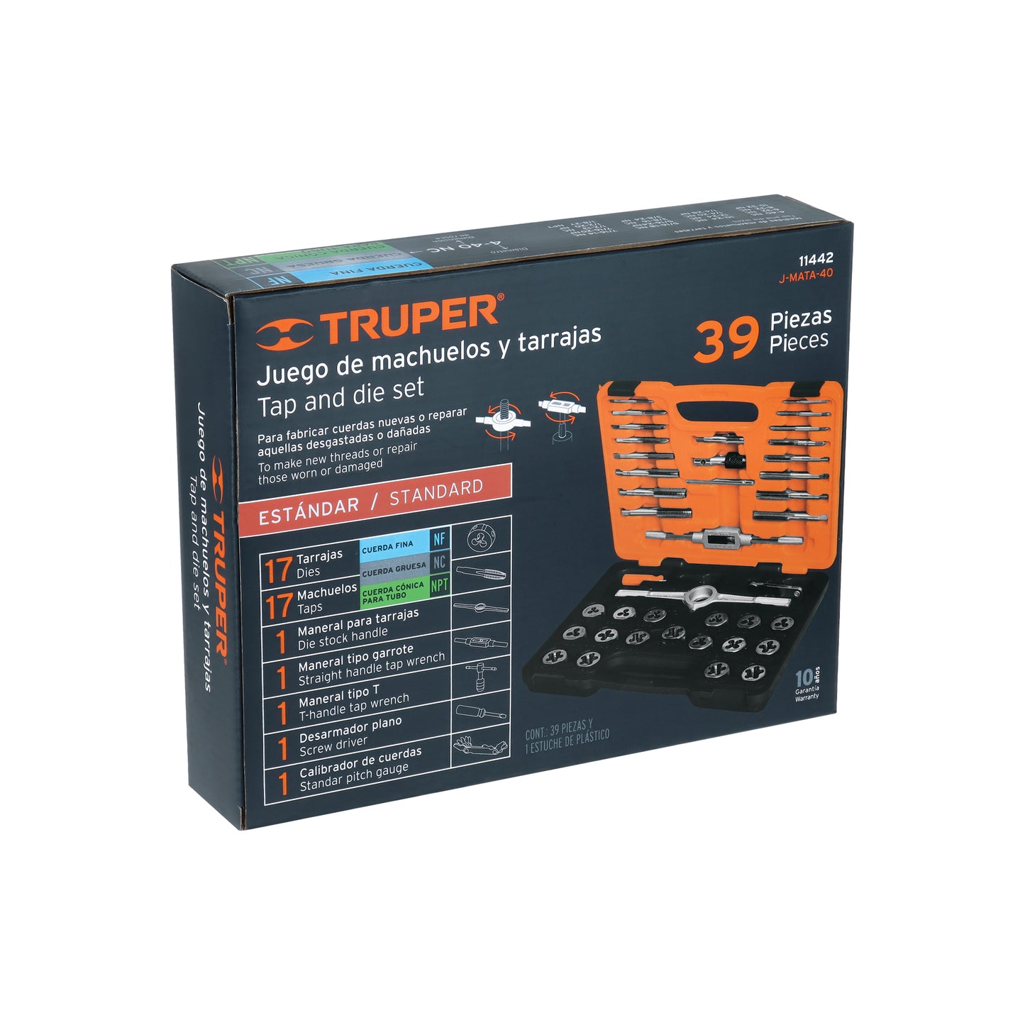 Juego Machuelos y Tarrajas 40 Piezas Truper J-MATA-40 - Kit Profesional Acero Cromo para Reparar y Fabricar Cuerdas Dañadas