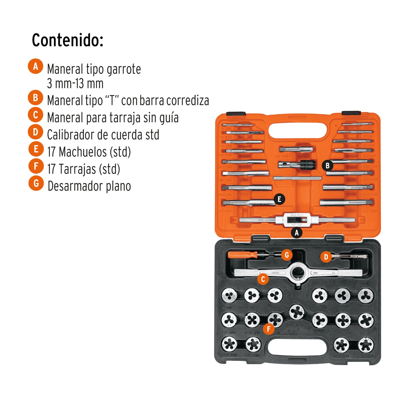 Juego Machuelos y Tarrajas 40 Piezas Truper J-MATA-40 - Kit Profesional Acero Cromo para Reparar y Fabricar Cuerdas Dañadas