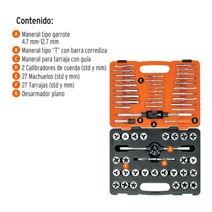 Juego de Machuelos y Tarrajas 60 Piezas Truper J-MATA-60 - Kit Profesional de Acero al Cromo para Reparar y Fabricar Cuerdas Dañadas con Estuche