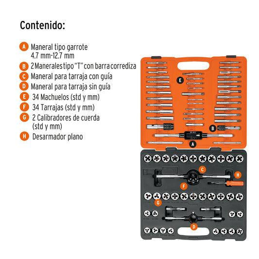 Juego Machuelos y Tarrajas 76 Piezas Truper J-MATA-76 - Reparación y Fabricación de Cuerdas Dañadas - Acero al Cromo con Estuche