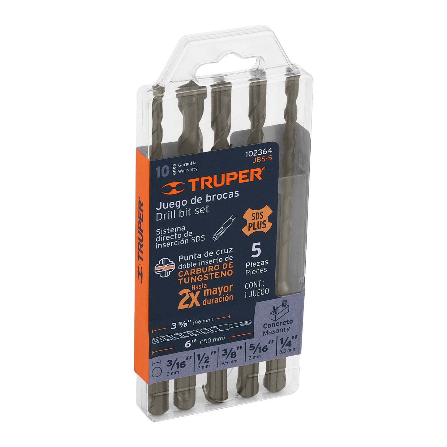 Juego de 5 brocas para concreto SDS Plus, TRUPER
