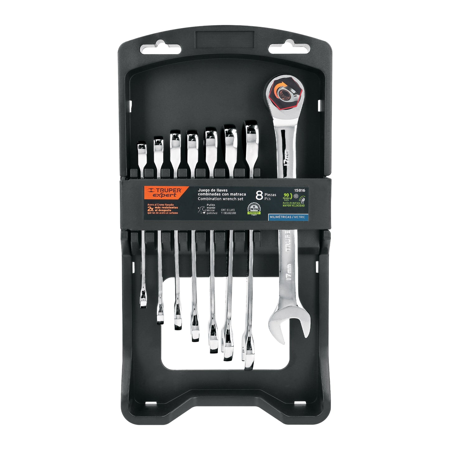 Juego 8 Llaves Combinadas con Matraca JC-8XM EXPERT - Acero Cromo Vanadio 90 Dientes - Solución Profesional para Espacios Reducidos