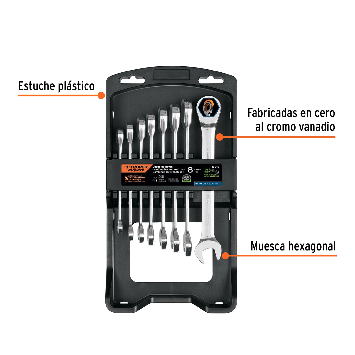 Juego 8 Llaves Combinadas con Matraca JC-8XM EXPERT - Acero Cromo Vanadio 90 Dientes - Solución Profesional para Espacios Reducidos
