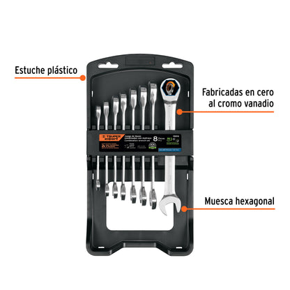 Juego 8 Llaves Combinadas con Matraca JC-8XM EXPERT - Acero Cromo Vanadio 90 Dientes - Solución Profesional para Espacios Reducidos