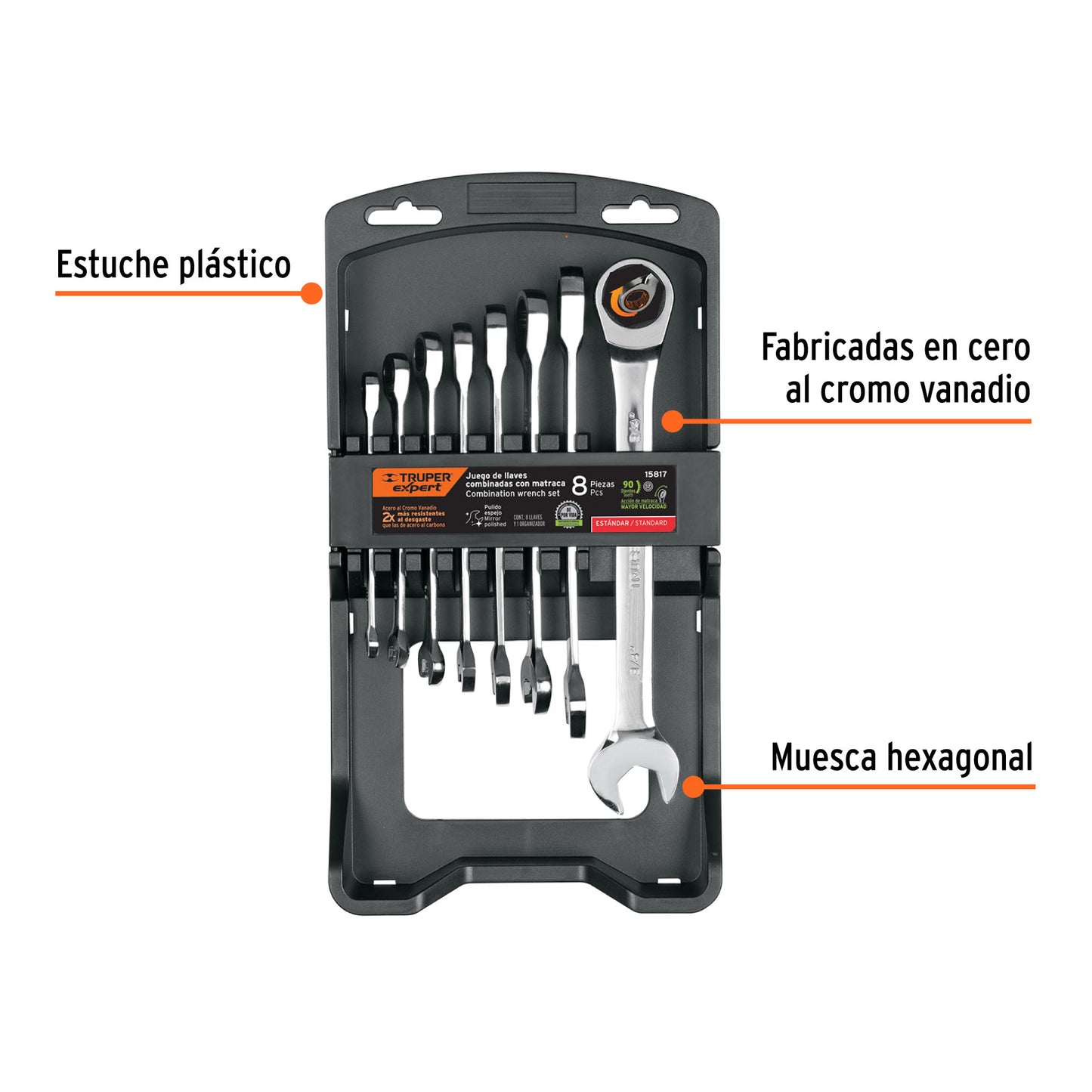 Juego 8 Llaves Combinadas con Matraca JC-8XP Expert - Acero Cromo Vanadio 90 Dientes - Solución Profesional para Espacios Reducidos
