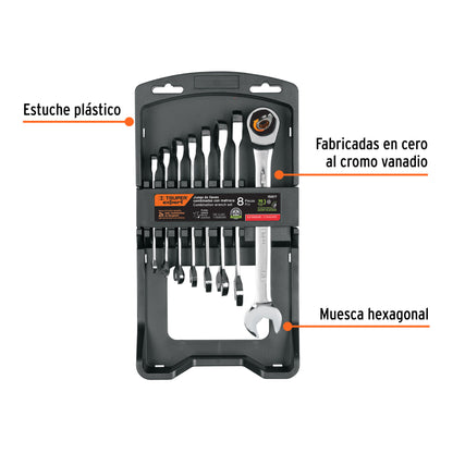 Juego 8 Llaves Combinadas con Matraca JC-8XP Expert - Acero Cromo Vanadio 90 Dientes - Solución Profesional para Espacios Reducidos