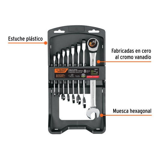 Juego 8 Llaves Combinadas con Matraca JC-8XP Expert - Acero Cromo Vanadio 90 Dientes - Solución Profesional para Espacios Reducidos