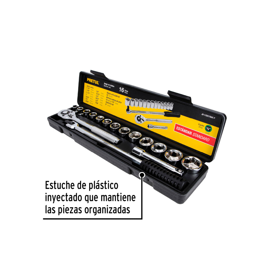 Juego de 16 herramientas 1/2" std para mecánico, Pretul