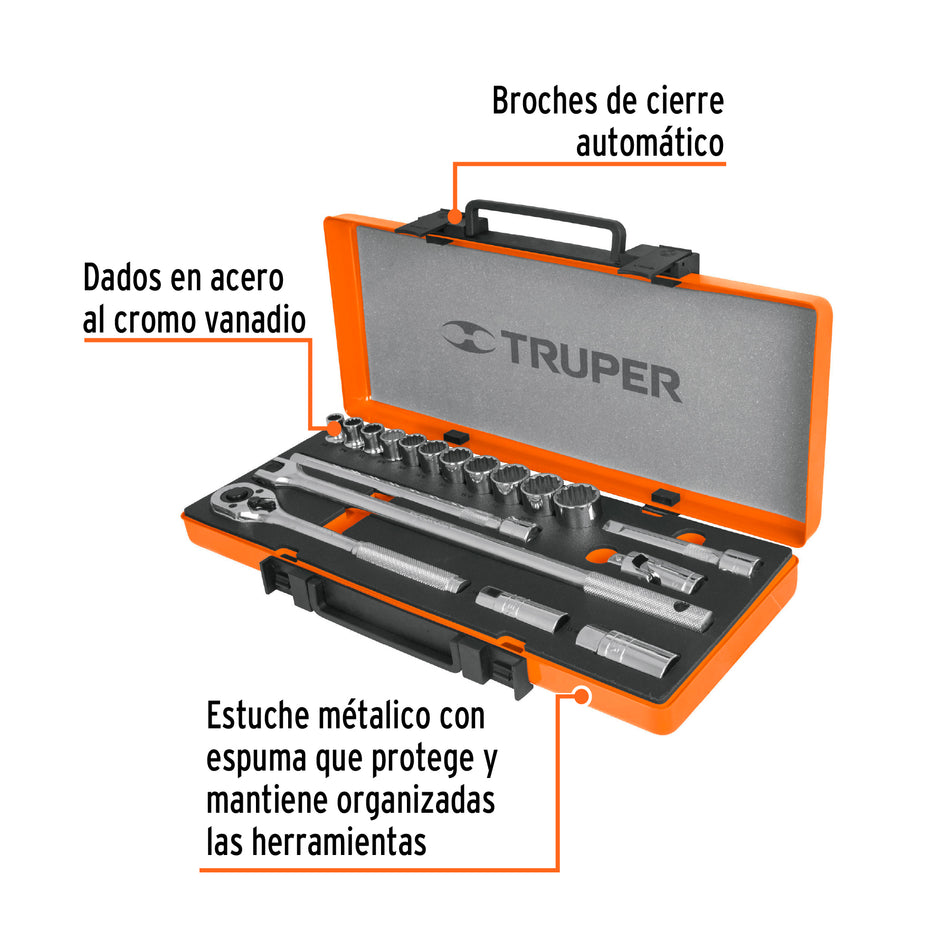 Juego de 18 herramientas cuadro 1/2" mm para Mecánico, Mantenimiento, Autocle.