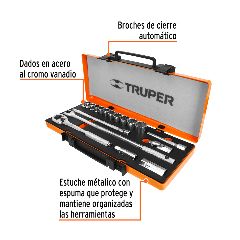 Juego de 18 herramientas cuadro 1/2" std para Mecánico, Mantenimiento, Autocle.