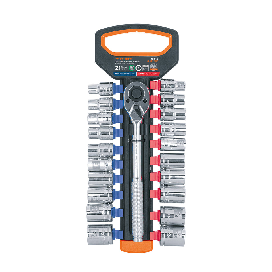 Juego de dados mm y std con matraca, cuadro 1/2", Truper, Mecanica, Mantenimiento.