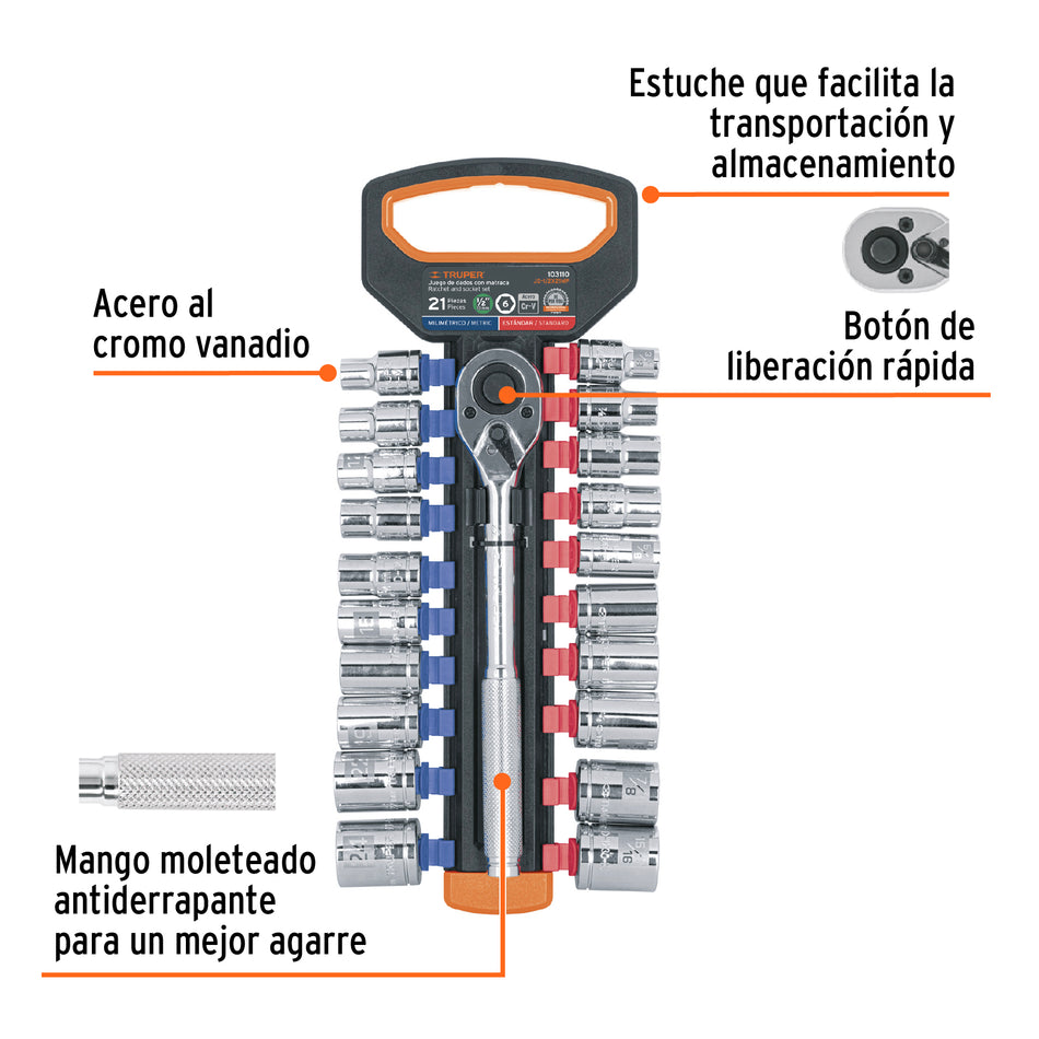 Juego de dados mm y std con matraca, cuadro 1/2", Truper, Mecanica, Mantenimiento.