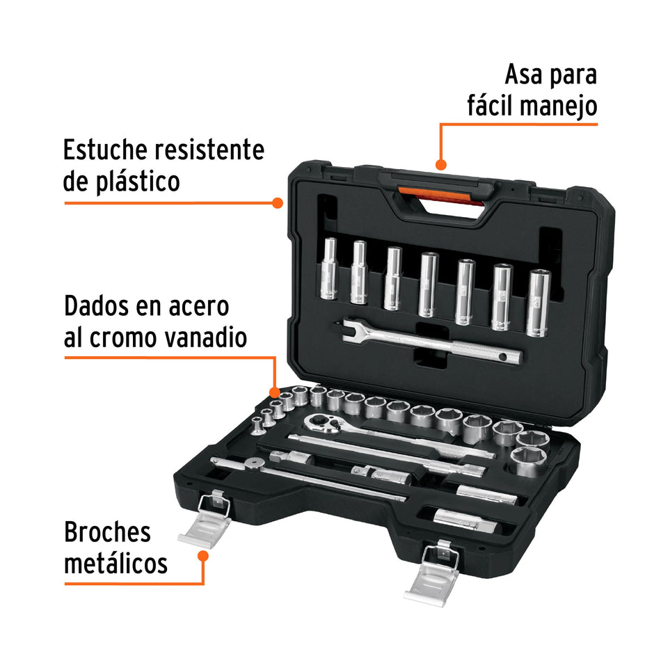 Juego de 31 herramientas cuadro 1/2" std para Mecánico, Mantenimiento, Autocle.